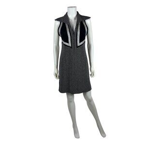 Vintage 70s Silver Mini Dress Womens XS Chevron Lurex Metallic Pointed Collar